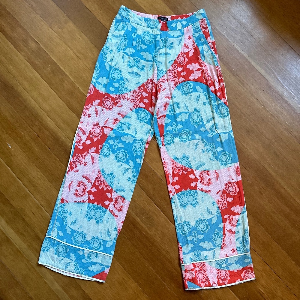 Topshop Flowy Wide Leg Palazzo Pants in Red Blue White Floral Print w/ Pockets
